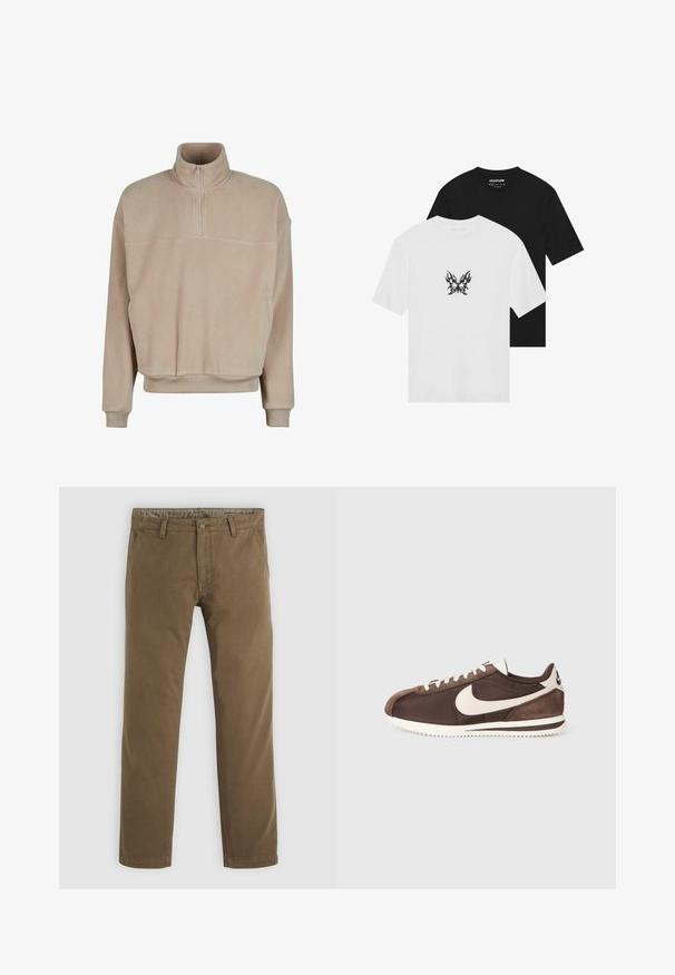 Heledbež alusega fliispullover, millel on kõrge kaelus, poolsiidist sulg, soonikkoes mansetid ja lõtv lõige. Omab eesmist taskut ladustamiseks.; Lühikeste varrukatega T-särgid mustas ja valges värvitoonis, millel on valgel särgil leegimustriga liblikas graafika. Puuvillane materjal.; Khaki puuvillased püksid sirge säärega disainiga, millel on nupuga sulgemine, kaks esi-taskut ja sile tekstuur.; Pruunid spordijalatsid, mis on valmistatud segu suedes ja kanvasest, valge Nike swoosh logo ning tekstuurse kummist tallaga.