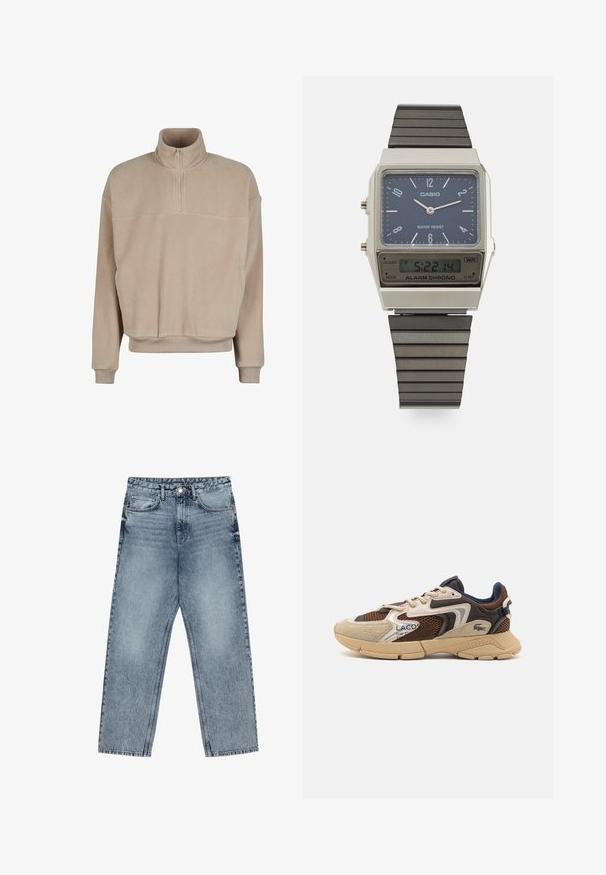 Svetlo bež flis pulover z visokim ovratnikom, pol-zadrgo, rebrastimi manšeti in ohlapnim krojem. Ima sprednji žep za shranjevanje.; Svijetloplave traperice s ravnim krojem, vidljivim šavovima, dizajnom od pet džepova i kopčanjem na gumbu u struku.; Bež in rjav športni copat z teksturiranimi mrežastimi paneli, nubukastimi detajli in gumijastim podplatom. Obsegajo zasnovo na vezalke in blagovno znamko.; Casio digitalna ura z modrim številčnikom, srebrnim ohišjem in večplastnim črnim gumijastim trakom. Prikazuje čas in nastavitve alarma. Vodoodporna.