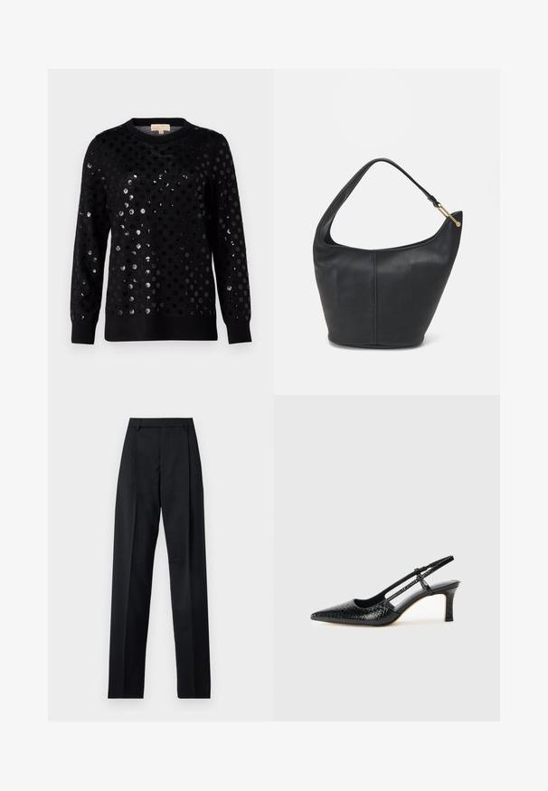 Czarny sweter z teksturową powierzchnią ozdobioną błyszczącymi okrągłymi cekinami w różnych rozmiarach, z prążkowanym dekoltem i długimi rękawami.; Czarne spodnie wykonane z gładkiego materiału, z wysokim stanem, szerokimi nogawkami, fałdami z przodu i klasycznymi szlufkami na pasek. Brak widocznych kieszeni bocznych.; Czarne lakierowane czółenka na obcasie typu slingback z wąskim noskiem, z teksturowanym wzorem wężowym, regulowanym paskiem oraz krótkim, teksturowanym obcasem w kształcie słupka.; Czarna skórzana torebka o okrągłym kształcie, z szerokim paskiem i teksturowanym wykończeniem. Posiada subtelny detal szwu i akcenty w odcieniu złota.