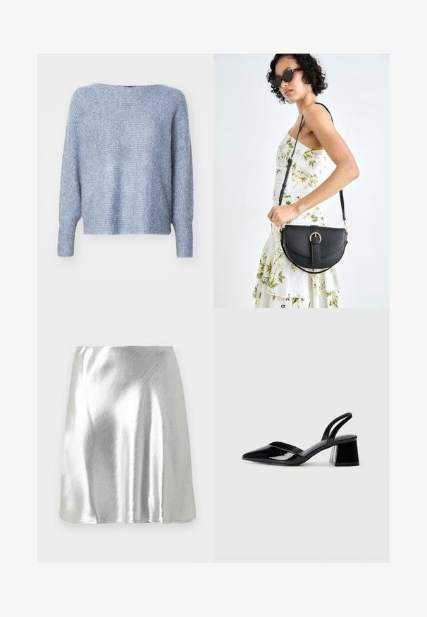 ONLY ONLDANIELLA L/S NOOS - Džemperis - grisaille melange; Sidabrinės metalinės spalvos mini sijonas su sklandžia tekstūra ir švelniu blizgesiu. Turi platėjančio dizaino formą ir paprastą, tvarkingą apatinės dalies kirpimą.; Juodos lakuotos odinės šlepetės su smailiu pirštu ir geometriniu bloko kulnu. Turi elegantišką, minimalistinį dizainą ir lygų paviršių.; Juodas odinis krepšys su išlenkta forma, nuimamu dirželiu ir auksiniais detalėmis. Krepšys turi kilpą su sagtimi.; Sidabrinis dvigubas žiedas su lygiu, poliruotu paviršiumi. Pasižymi sklandžiu, kreiptu dizainu su persipinančiomis dalimis, suteikiančiomis modernų išvaizdą.