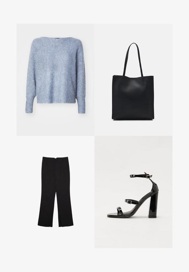 ONLY DANIELLA granatowy; Czarne spodnie o prostym kroju, z przednimi kieszeniami i bocznymi rozcięciami na dole. Wykonane z miękkiego, gładkiego materiału. Odpowiednie na różne okazje.; Czarne lakierowane sandały na obcasie z kwadratowym noskiem, z paskami wokół kostki i srebrnymi klamrami. Posiadają masywny słupek dla stabilności.; Czarna skórzana torba tote o gładkiej fakturze, prostokątnym kształcie i dwóch długich uchwytach. Brak widocznych elementów metalowych i ozdób.