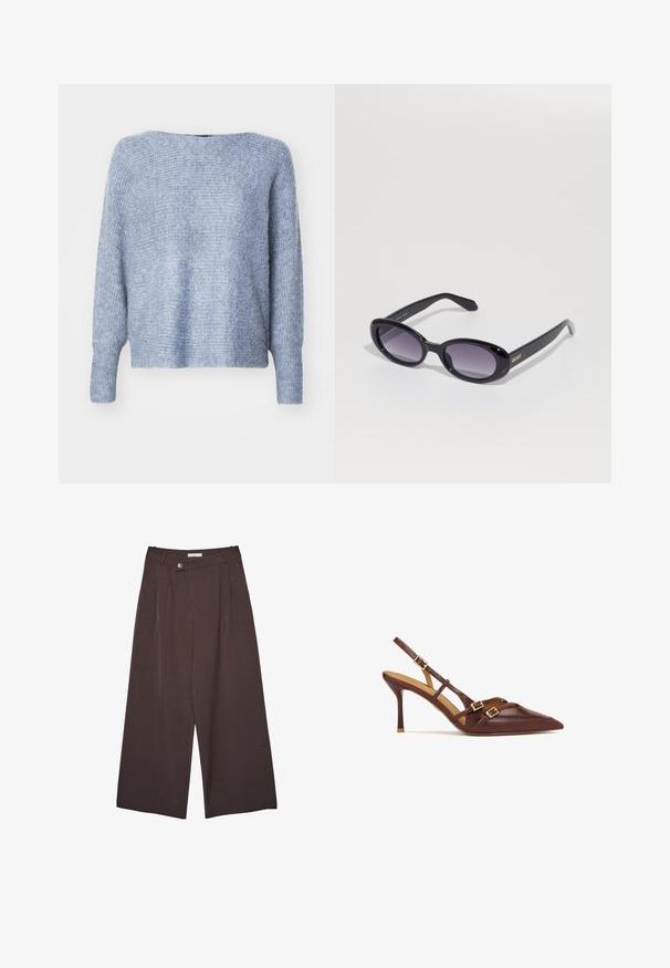ONLY ONLDANIELLA L/S NOOS - Strickpullover - grisaille melange; Braune, weit geschnittene Hose mit Nadelstreifen, ausgestattet mit einem Knopf-Verschluss und Gürtelschlaufen, flach auf einem weißen Hintergrund präsentiert.; Braune Leder-Slingback-Absätze mit spitzem Zehenbereich, dünnem Stiletto-Absatz und goldenen Hardware-Akzenten. Mit über Kreuz verlaufenden Riemen über dem Fuß.; Schwarze ovale Sonnenbrille mit gradierten lila Gläsern. Glänzendes Kunststoffgestell und -bügel. Goldenes Logo am linken Bügel.; Schwarze Leder-Hobo-Tasche mit einer weichen, geschwungenen Form. Sie verfügt über einen breiten Oberhandgriff und Falten an der Basis für eine lässige Textur.
