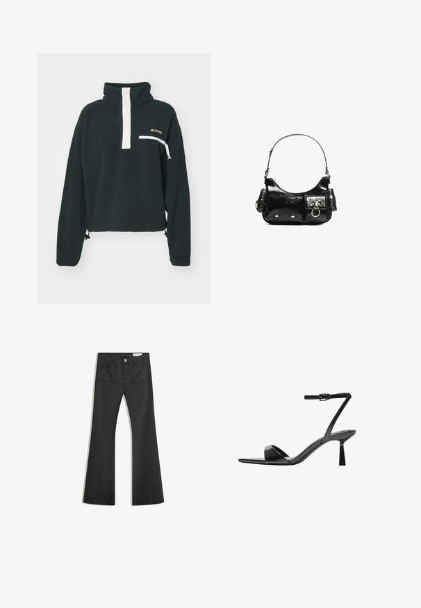 Fekete pamut pulóver magas gallérral, fehér gombos záródással, cipzáros mellzsebbel és állítható alsó résszel. Puha tapintású és laza fazonú.; Fekete, sima textúrájú farmer flare nadrág, két hátsó zsebbel és gombos derékkal.; Bershka Magas sarkú szandálok - black; Fekete lakkbőr kézitáska ívelt formával, egy vállpánttal, elülső zsebekkel és ezüstszínű fémrészletekkel.