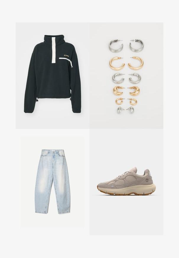 Sort fleece-pullover med høj krave, hvid knaplukning, lynlåslomme på brystet og justerbar bund. Har en blød tekstur og afslappet pasform.; Lyseblå denimbukser med en loose fit, der har en falmet finish, to forlommer og en knaplukning i taljen.; Lys beige sneakers med en blanding af suede og mesh materialer, rund form, tyk cremet sål og gummidetaljer i en mørkere farve.; Sæt med otte metaløreringe i sølv- og guldfarver. Indeholder forskellige hoop-stile, teksturer og finishes, arrangeret efter størrelse.