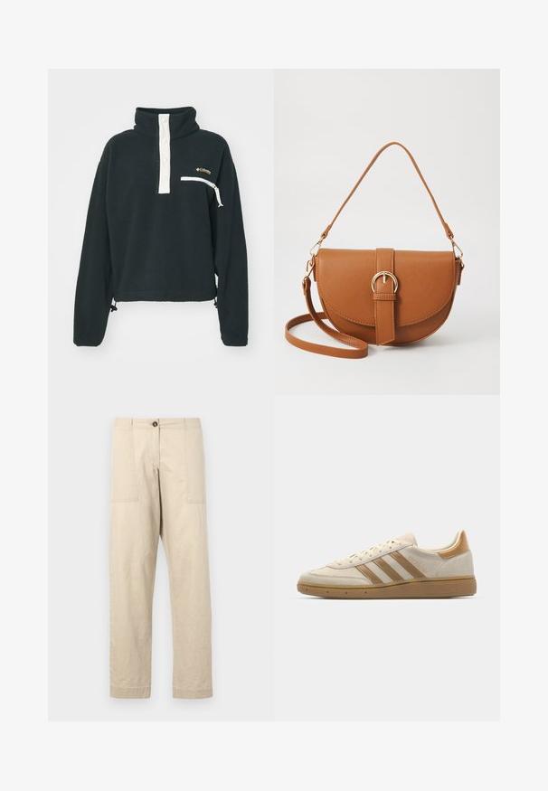 Svart fleece-pullover med høy krage, hvit knappestolpe, glidelås brystlomme og justerbar nederkant. Har myk tekstur og avslappet passform.; Beige bomullsbukser med rett snitt, som har frontlommer, knappeåpning og oppbrettede hems. Jevn tekstur og minimalistisk design.; Beige semsket sneakers med lysebrune detaljer. Har tre brune striper, teksturert gummisåle og et rundt tådesign.; Brun lærcrossbody-veske med en buet form, gullhardware og et spenneakcent. Har en avtakbar skulderreim.