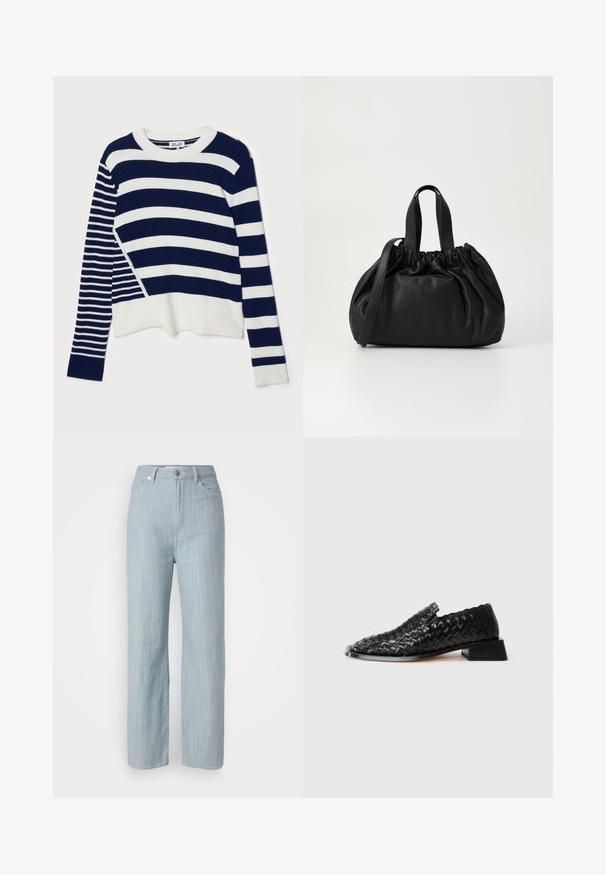 Baum und Pferdgarten CENTA - Jersey de punto - navy/creme; Jeans de pierna recta en azul claro, hechos de denim. Cuenta con cinco bolsillos, un cierre de botón de metal y un sutil desgastado para añadir textura.; Zapato slip-on de cuero negro trenzado con tacón bajo y detalle de borde ondulado, presentado sobre un fondo blanco.; Bolso de mano de cuero negro con un diseño de parte superior fruncida, que cuenta con dos asas cortas y una correa larga ajustable. Textura suave, forma redondeada.