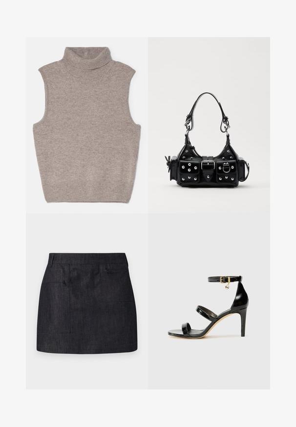 Filippa K TURTLE NECK VEST - Pulover - beige melange; Temna denim krila s ravnim krojem, ki ima dve sprednji žepki in subtilno teksturo. Čista obrobi in standardna zasnova pasu.; Črne lakirane sandale s tremi trakovi, zaponko okoli gležnja in 10-centimetrsko stiletto peto. Imajo detajle iz zlatega kovanja in logotipni čar.; Črna usnjena torbica s ukrivljenim dizajnom, ki vsebuje srebrne žebljičke, zaponko in dve stranski žepki. Nastavljiv trak za različne možnosti nošenja.