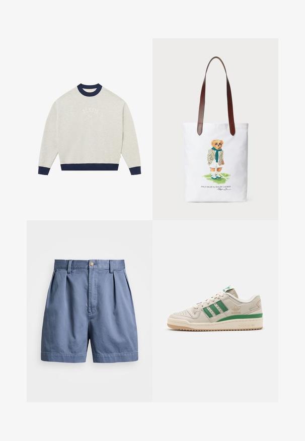 Sudadera gris claro con cuello y puños acanalados en azul marino. Presenta texto bordado "BLKVIS NY" centrado en el frente. Textura suave.; Pantalones cortos de algodón azul claro con pliegues, un solo botón de madera y una textura suave. Piernas de corte recto y acabado de dobladillo simple.; Zapatillas Adidas con parte superior de cuero beige, franjas verdes y suela de goma. Cuenta con un collar acolchado y puntera perforada para ventilación.; Bolsa de lona que presenta un oso de dibujos animados con una bufanda verde y un blazer, con correas de hombro de cuero marrón. Fondo blanco, diseño impreso.