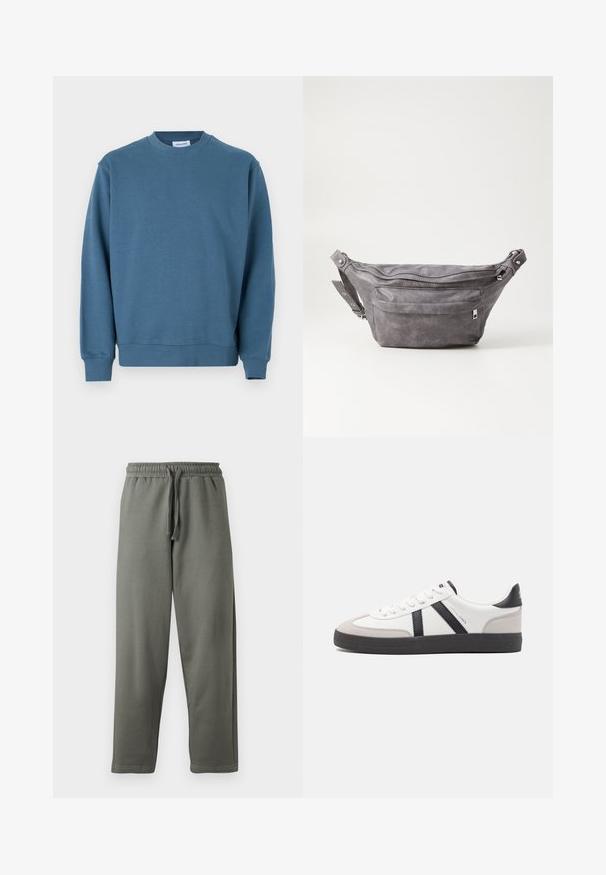 Kék pamut pulóver kerek nyakkal, bordázott mandzsettákkal és egyenes szegéllyel. Simaság jellemzi, és laza szabású.; Szürke melegítőnadrág puha anyagból, rugalmas derékkal és húzózsinórral; egyenes szabású és minimális varrási részletekkel rendelkezik.; Fehér sneaker fekete és szürke részletekkel, textúrált szürke orr résszel, fekete gumitalppal és lapos fehér fűzőkkel. Tiszta dizájn, minimalista stílus.; Szürke velúr övtáska kerek formával, két cipzáras rekesszel és állítható pánttal. Fém dekorációval rendelkezik.