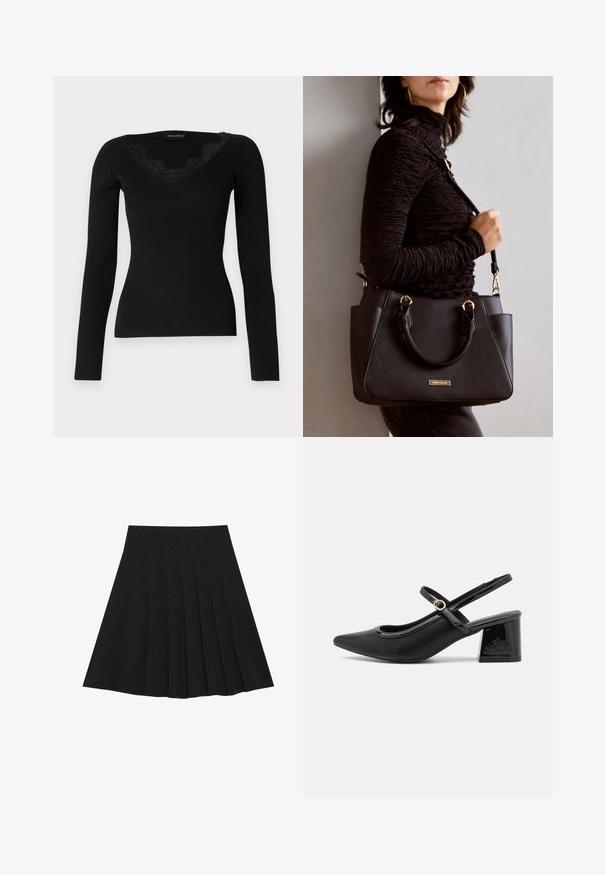 Schwarzes langärmliges Rippoberteil mit V-Ausschnitt und Spitzenakzenten. Der Stoff hat eine glatte, enganliegende Textur, die sich gut für Lagenlooks eignet.; Schwarzer, plissierter Rock aus strukturiertem Stoff mit einem taillierten Bund. Fällt knielang und hat eine glatte, klare Silhouette.; Schwarze Lackleder-Slingback-Absätze mit spitzer Zehenform, einem runden Ausschnitt-Design und einem Blockabsatz. Mit einem goldfarbenen Schnallenakzent.; Schwarze Handtasche mit strukturierten Oberflächen, doppelten Obergriffen und verstellbarem Schultergurt. Mit goldfarbener Hardware und Seitentaschen.
