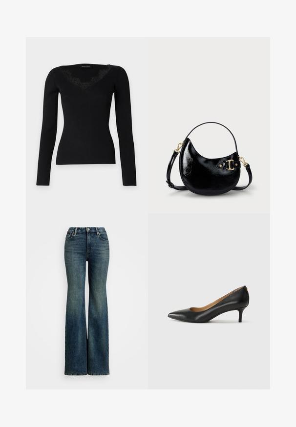 Black long-sleeve ribbed top featuring a V-neck with lace accents. Fabric texture appears smooth and fitted, suitable for layered looks.; Faded blue flared jeans made of denim. High-waisted design with a classic 5-pocket style and visible stitching details.; Black leather pump with a pointed toe, low heel, and a smooth texture. Features a slight opening at the front and minimal hardware at the back.; Black patent leather handbag with a curved shape, adjustable strap, and gold-tone hardware detail on the side. Smooth, shiny texture.