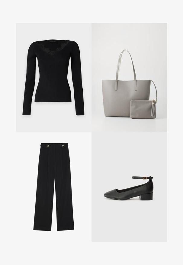 Melnas garām piedurknēm ribota blūze ar V-veida kakla izgriezumu un mežģīņu akcentiem. Auduma faktūra izskatās gluda un pieguļoša, piemērota slāņu veidošanai.; Melnas platās bikses ar augstu jostasvietu, pogu detaļām uz jostas un priekšējām krokām.; Melnas ādas sūkņi ar smailu purngalu un zemu bloku papēdi. Iezīmēts ar potītes siksniņu ar zelta krāsas sprādzi. Gluda tekstūra.; Pelēka sintētiskā somas ar divām garām rokturiem un atbilstošu mazu ar rāvējslēdzēju aizveramu maisiņu ar pušķi. Gluda tekstūra ar subtīlu rakstu.