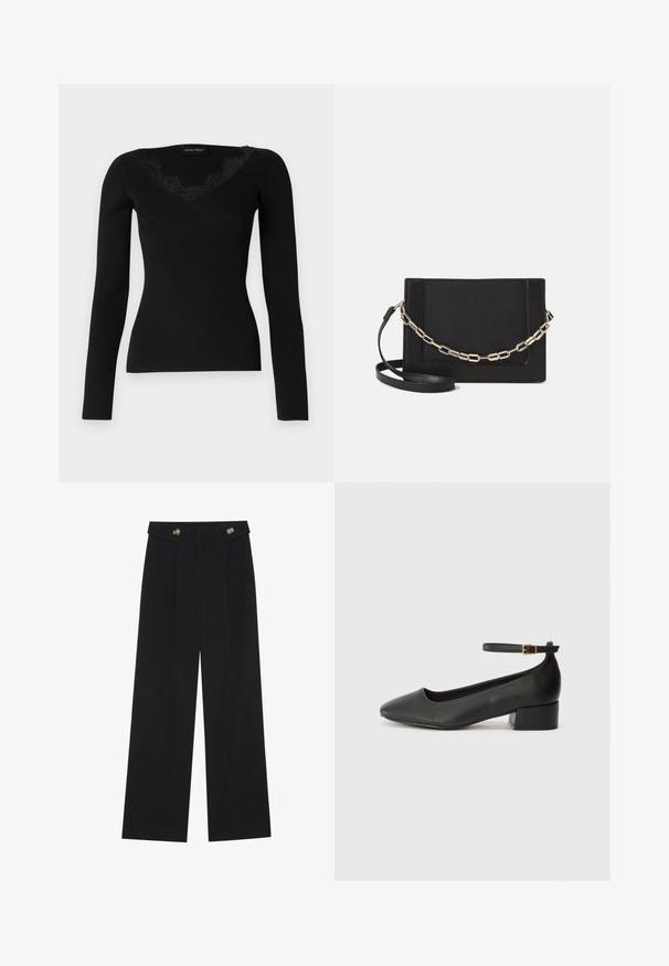 Bluză neagră cu mâneci lungi, din material ribat, cu decolteu în V și accente din dantelă. Textura țesăturii pare netedă și ajustată, potrivită pentru ținute în straturi.; Pantaloni negri cu picioare largi, talie înaltă, detalii cu butoane pe talie și pliseuri în față.; Pantof cu toc negru din piele, cu vârf ascuțit și toc mic pătrat. Dispune de o curea la gleznă cu o cataramă în tonuri de aur. Textură netedă.; Geantă de umăr din piele neagră, cu o textură netedă, formă rectangulară și un detaliu din lanț metalic în față. Include curea reglabilă.