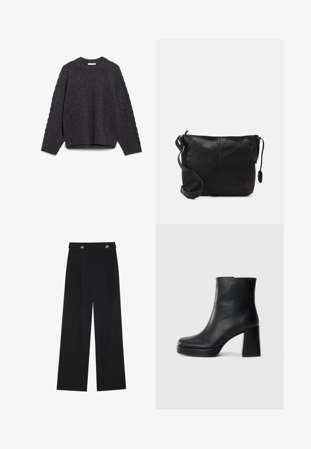 Pullover grigio scuro a girocollo con motivo a treccia e polsini e orlo a coste, disteso.; Pantaloni neri a gamba larga con vita alta, dettagli con bottoni in vita e pieghe frontali.; Stivale alla caviglia in pelle nera con tacco a blocco e suola platform, visto di lato su uno sfondo bianco uniforme.; Borsa a tracolla in pelle nera con forma piatta, dettagli in metallo dorato e tracolla regolabile. Texture liscia con dettagli di cucitura minimi.