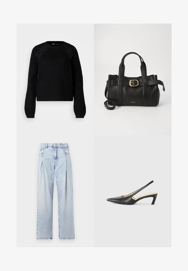 ONLY Tall ONLMAGA - Strikkegenser - black; Lyseblå denimjeans med høy livlinje, vide ben, to sidelommer og plisserte detaljer. Myk tekstur med en falmet finish.; Svart spiss tå slingback-sko med lav hæl, laget av jevnt skinnmateriale og med utskåret design på siden for pusteevne.; Svart lærveske med en strukturert design, doble topphåndtak, gullfarget spenneakent og preget merke-logo foran.