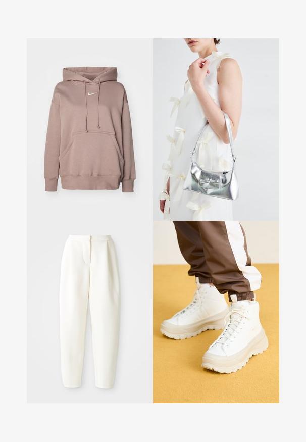 Sweatshirt com capuz em bege claro, feito de tecido suave; apresenta um bolso frontal e um logotipo branco no peito.; Calças brancas de cintura alta e corte tapered com fecho frontal oculto e bolsos laterais, exibidas contra um fundo branco liso.; Ténis brancos de cano alto com uma sola grossa e texturizada, apresentando um cabedal liso, bico redondo e atacadores tonalizados, sobre um fundo amarelo.; Bolsa metálica prateada com uma forma estruturada, apresentando uma alça superior e um detalhe de laço na frente. Textura suave, acabamento reflexivo.