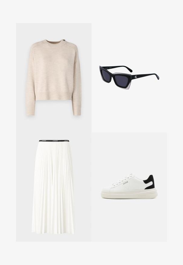 Maglione a maglia beige chiaro con scollo rotondo, spalle scese e polsini a costine. Include un dettaglio con bottone sulla spalla.; Gonna bianca plissettata con elastico nero in vita che presenta il logo "LACOSTE". Design di lunghezza media con texture morbida.; Sneaker bianchi in pelle con suola spessa bianca, accento in suede nero sul tallone e logo impresso sul lato. Design con lacci e sei fori per i lacci.; Occhiali da sole oversize neri dalla forma geometrica, con lenti scure e un dettaglio grigio a contrasto sulla montatura. Logo sul braccio.