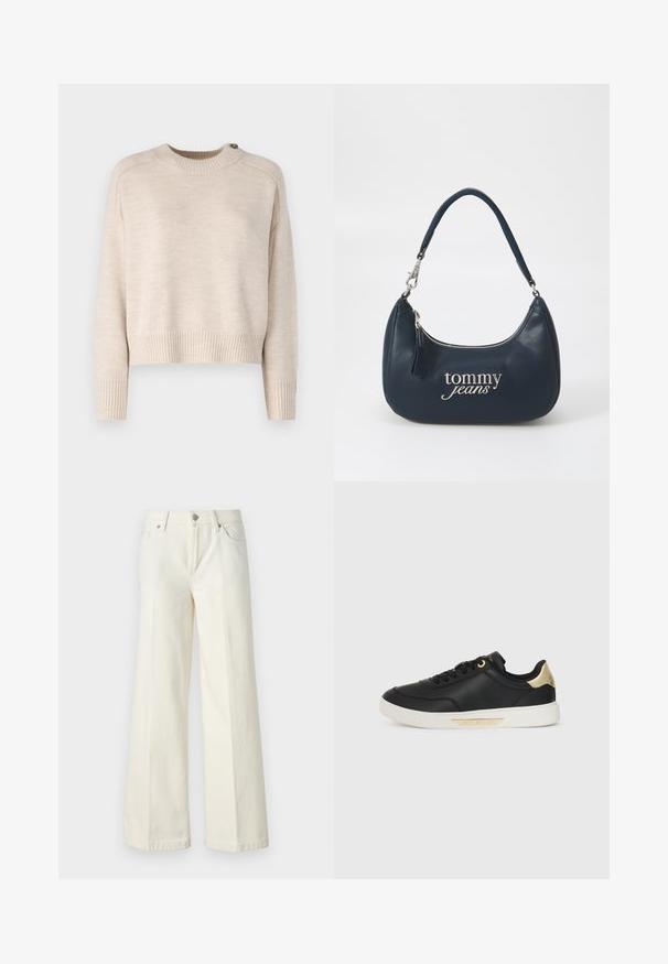 Ανοιχτό μπεζ πλεκτό πουλόβερ με στρογγυλή λαιμόκοψη, χαμηλωμένα ώμια και ριμπ μανσέτες. Περιλαμβάνει λεπτομέρεια με κουμπί στον ώμο.; Φαρδιά λευκά τζιν από μείγμα βαμβακιού. Διαθέτουν φερμουάρ, πέντε τσέπες και ραφή κατά μήκος των ραφών.; Μαύρο δερμάτινο αθλητικό παπούτσι με λείο υφή, λευκή από καουτσούκ σόλα, χρυσές λεπτομέρειες στη φτέρνα και τα μάτια, με λογότυπο στο πλάι.; Σακίδιο μπλε ναυτικού χρώματος από δέρμα σε στρογγυλό σχήμα, με ασημένιο φερμουάρ και λογότυπο "tommy jeans" σε καλλιγραφική γραφή στο μπροστινό μέρος. Βραχίονας κοντός.