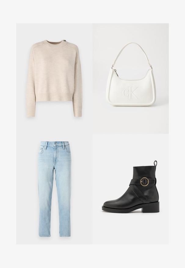 Hellbeige gestrickter Pullover mit Rundhalsausschnitt, überschnittenen Schultern und gerippten Bündchen. Verfügt über eine Knopfdetail an der Schulter.; Hellblaue Jeans aus Denim, mit geradem Bein, mittelhoher Taille, fünf Taschen und einem Knopfverschluss vorne.; BOSS IRYNA BOOTIE - Plateaustiefelette - black; Weiße Lederhandtasche mit abgerundeter Form, ausgestattet mit einem geprägten "CK"-Logo auf der Vorderseite und einem Einzel-Schultergurt. Reißverschluss oben.
