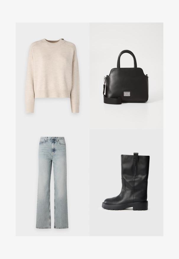 Light beige knit sweater featuring a crew neckline, dropped shoulders, and ribbed cuffs. Includes a button detail on the shoulder.; High-waisted, light blue denim jeans with a wide-leg silhouette, featuring five pockets and subtle fading along the fabric.; Black leather knee-high boots with a sleek design, featuring a thick sole and a side pull tab for easy wear. Notable stitching accents.; Black synthetic handbag with top handles, detachable shoulder strap, rounded shape, smooth texture, and silver logo accent on the front.