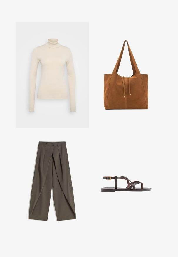 Vero Moda Tall VMHAPPINESS ROLLNECK - Strickpullover - oatmeal; Weite Hosen aus einem strukturierten, dunkelgrauen Stoff. Mit einer vorderen Faltenlegung, Knopfverschluss und praktischen Seitentaschen ausgestattet.; Braune Leder-Sandale mit überkreuzten Riemen, einem Knöchelriemen mit Schnalle und einer flachen Sohle mit minimalen Nähdetails.; Braune Wildleder-Tasche mit zwei langen Trägern, Zugverschluss und minimalistischem Design. Glatte Textur und keine sichtbaren Hardware-Details.