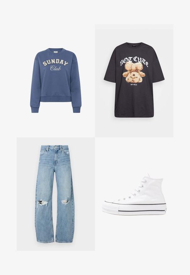 Sinine crewneck-sweatshirt, millel on esiküljel valgete tekstuursete tähtedega trükitud "SUNDAY Club" ja pikad ribakääred.; Musthave musta t-särk, millel on karu graafika ja tekst "EI NII NÄDALA, KUID MÄRG" paksult valgete tähtedega. Puuvillane materjal.; Heledad hallideega sinised teksad, millel on kõrge talje. Teksade jalgadel on lai alus, kaks rebitud kohta põlvede ümber ning klassikaline viie tasku stiil.; Valge kõrgem kangast tenniseking, millel on must kummist tald, ees kummist varvasetugi ja kuus aukku paelte jaoks, pakkudes puhta ja minimalistliku disaini.