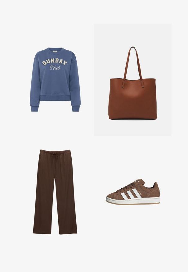 Blaue Crewneck-Sweatshirt mit dem Aufdruck "SUNDAY Club" in weißen, strukturierten Buchstaben auf der Vorderseite und langen, gerippten Bündchen.; Braune weite Hosen aus weichem Stoff, mit einem elastischen Bund und Kordelzug sowie zwei Seitentaschen.; Braune Wildledersneaker mit weißen Lederstreifen, Gummisohle, gerundetem Zehenbereich und Schnürung. Mit einem Logo auf der Zunge und perforierten Akzenten.; Braune Leder-Tote mit glatter Textur, offenem Oberteil und zwei Schulterriemen. Verfügt über minimale Nähte und keine sichtbaren Beschläge.