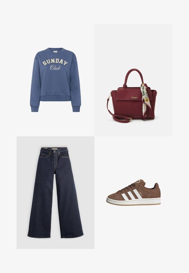 Felpa blu con colletto a girocollo, con la scritta "SUNDAY Club" stampata sulla parte anteriore in lettere bianche testurizzate e maniche lunghe con polsini a costine.; Jeans in denim a gamba larga di colore blu scuro con cuciture a contrasto. Caratterizzati da un design tradizionale a cinque tasche e chiusura a bottone in vita.; Sneakers in suede marrone con strisce in pelle bianca, suola in gomma, punta rotonda e lacci. Presentano un logo sulla linguetta e dettagli perforati.; Borsa borgogna realizzata in materiale sintetico con un design strutturato, dotata di tracolla removibile e un foulard a motivi floreali legato al manico.