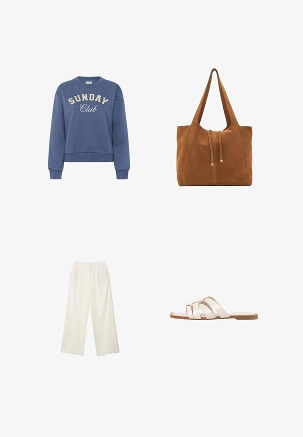 Blå crewneck sweatshirt med "SUNDAY Club" trykt foran i hvide, teksturerede bogstaver og lange ribbede manchetter.; Bredde bukser i cremefarvet stof med en glat tekstur, der har en enkelt knap foran, diskrete folder og design med høj talje.; Flade sandaler med en lys gummisål, designet med tre overlappende hvide læderremme og en lille sløjfe detalje i midten.; Brun ruskinds-tote med to lange stropper, snørelukning og minimalistisk design. Glat tekstur og ingen synlige hardware-detaljer.
