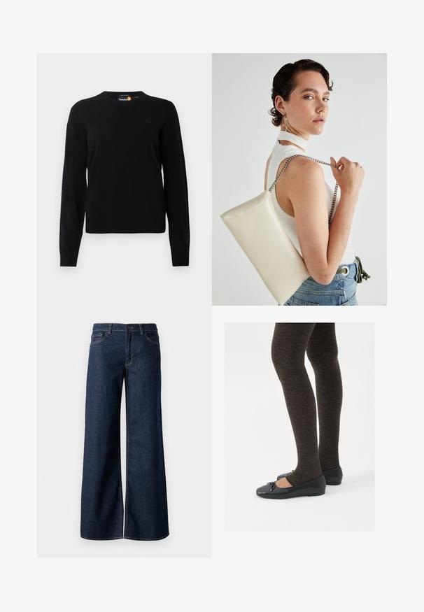 Fekete kötött pulóver kerek nyakkivágással, hosszú ujjakkal és egy kis logóval a mellrészen. Puha textúra és klasszikus szabás.; Sötét kék farmer széles lábú nadrág. Kontrasztos varrással, öt zsebhálóval és gombos derékzárással rendelkezik. Simás textúra.; Fekete lapos cipők kis masni díszítéssel az orrán, sötétbarna bordázott harisnyával párosítva. A cipők sima textúrával és alacsony profilúak.; Fehér, téglalap alakú, fényes anyagból készült clutch táska, ezüst láncos pánttal. A modell pózol, bemutatva a táskát egy egyszínű háttér előtt.
