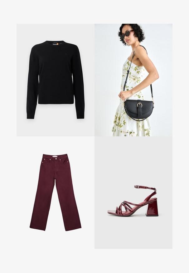 Svart stickad tröja med rund halsringning, långa ärmar och en liten logotyp på bröstet. Mjuk textur och klassisk passform.; Burgundy högmidjade jeans med rak bendesign, som har framfickor, knappstängning och detaljer i kopparfärg.; Patentbordeaux klacksandaler med fyrkantig tå, som har flera sammanflätade remmar och en kraftig blockklack. Justerbar ankelrem.; Svart läderhandväska med en böjd form, avtagbar rem och guldiga detaljer. Väskan har ett lock med en spänndetalj.