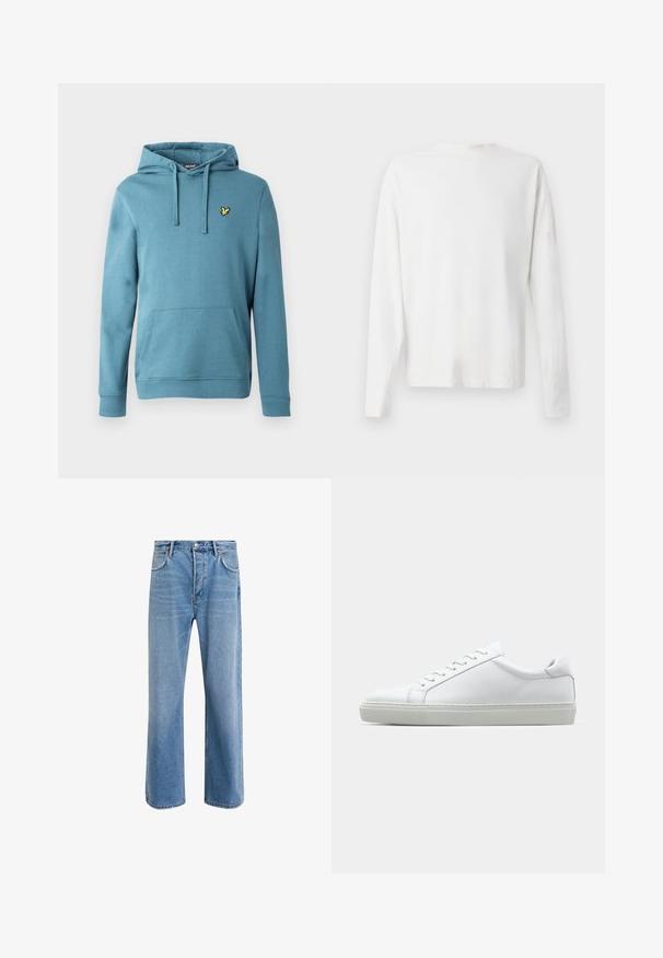 Lättblå pullover-hoodie i bomullsblandning med en framfickan typ känguru och en liten gul logga broderad på bröstet.; Vit långärmad skjorta i bomull med rund halsringning, sidofickor längst ner och en slät yta, visad bakifrån.; Ljust blå denimjeans med rak passform, fem fickor, knappstängning, minimal blekning och kontrasterande sömdetaljer.; Vit sneaker med en slät läderövre och låg profil. Har en rundad tå, sex snörhål och en strukturerad gummisula.