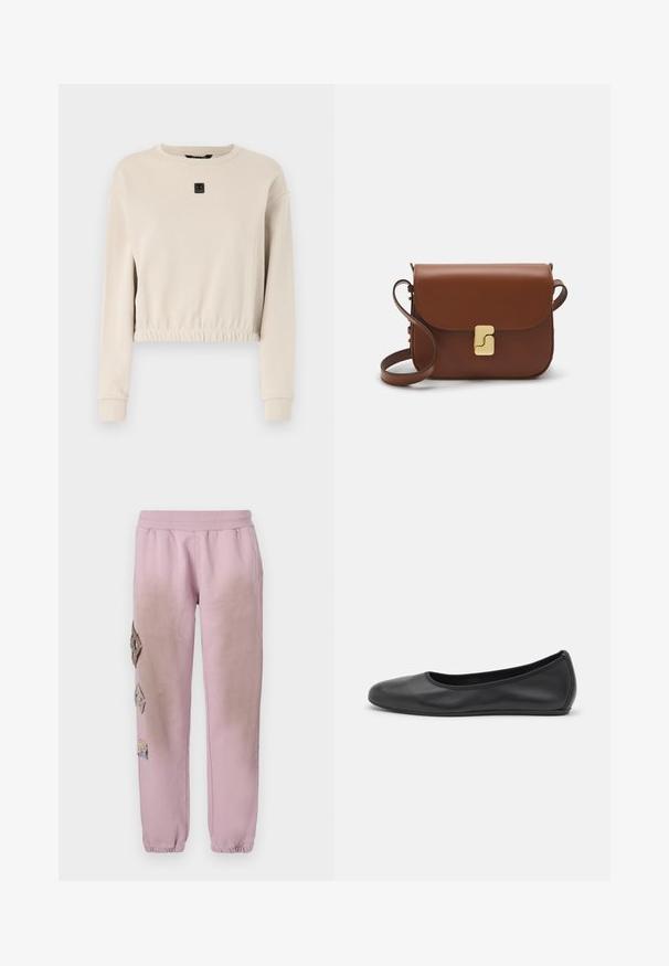 Felpa beige tagliata con scollatura rotonda, maniche lunghe e orlo arricciato; presenta un piccolo logo nero sulla parte anteriore.; Pantaloni della tuta rosa con vita elastica, caratterizzati da toppe decorative a forma di diamante sul lato sinistro e polsini elastici alle caviglie.; Pantofole da balletto nere in pelle con punta arrotondata, texture liscia, dettagli di cucitura minimi e design con suola flessibile.; Borsa a tracolla in pelle marrone con chiusura a pattina, hardware color oro, tracolla e una finitura liscia. Forma rettangolare compatta.