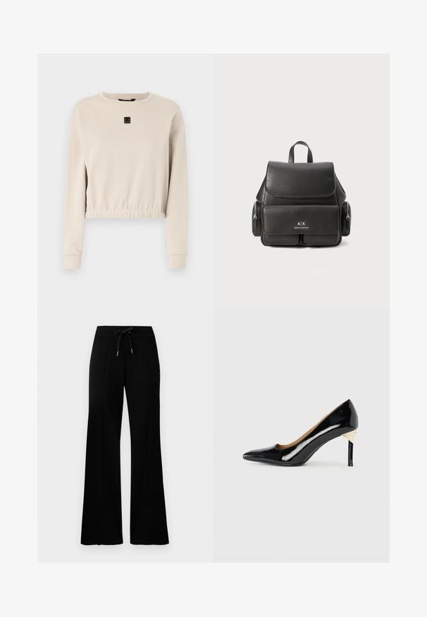 Cropped beige sweatshirt with a round neckline, long sleeves, and a gathered hem; features a small black logo on the front.; Black wide-leg sweatpants with a drawstring waistband, side slit accents, soft fabric, and a sleek design.; Black patent leather high heel shoe with a pointed toe and cut-out design; features a sleek gold accent on the heel. Simple and elegant.; Black leather backpack with a flap closure, front pocket, side zipper compartments, and a top handle. Features logo detailing at the front.