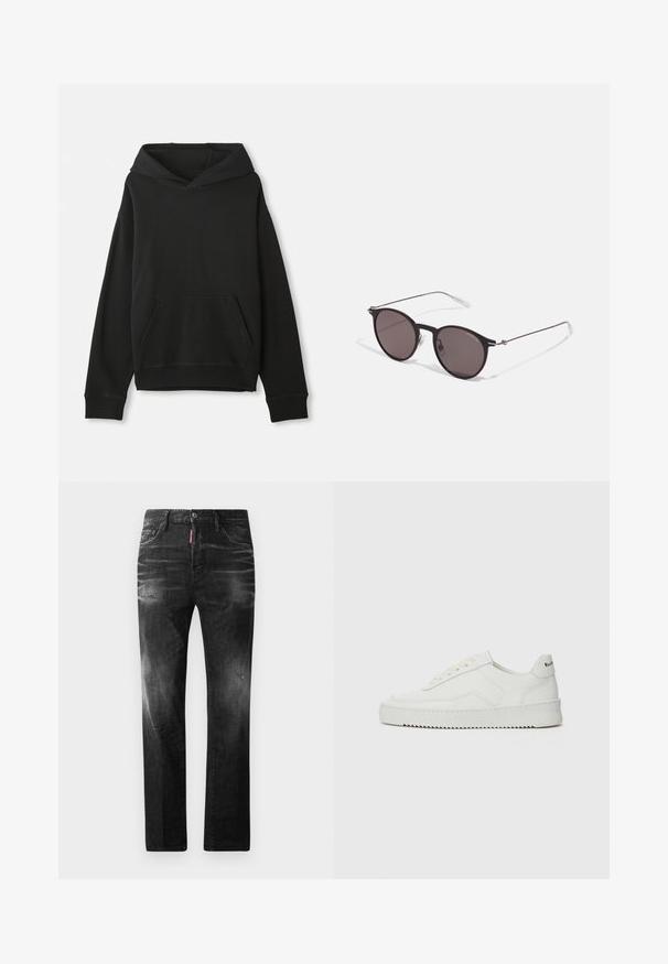 Schwarzer Hoodie mit Kängurutasche vorne. Hergestellt aus weichem Stoff mit gerippten Bündchen und Saum, bietet eine lockere Passform.; Schwarzes Baumwoll-T-Shirt mit Rundhalsausschnitt, kurzen Ärmeln und dem "EMPORIO ARMANI"-Logo in Weiß über dem geschwungenen Schriftzug "Milano".; Schwarze Jeans aus Denim mit geradem Schnitt. Verfügt über ausgebleichte Bereiche, leichte Abnutzung, klassisches Fünf-Taschen-Design und einen Knopfverschluss.; Weiße Ledersneaker mit glatter Oberfläche, runder Zehenpartie, flachen Schnürsenkeln und strukturiertem Sohlenprofil. Mit einem dezenten Logo an der Ferse.; Schwarze runde Sonnenbrille mit dunklen Gläsern und schlanken Metallbügeln. Enthält klare Tempelspitzen und silberne Akzente am Scharnier. Minimalistisches Design.