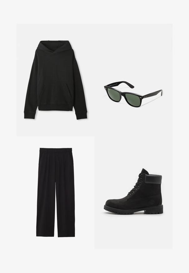 Schwarzer Hoodie mit Kängurutasche vorne. Hergestellt aus weichem Stoff mit gerippten Bündchen und Saum, bietet eine lockere Passform.; Schwarze, weite Hose mit gefälteltem Vorderteil, seitlichen Taschen und einer glatten Stoffstruktur. Entworfen für eine entspannte Passform.; Schwarze geschnürte Knöchelboots mit gepolstertem Kragen und robustem Profil, im Profil vor einem weißen Hintergrund dargestellt.; Schwarze Plastiksonnenbrille mit grünen Gläsern, quadratischen Rahmen, silbernem Akzent auf der Augenbraue und strukturierten Bügeln. Angegebene Marke auf dem inneren Bügel.