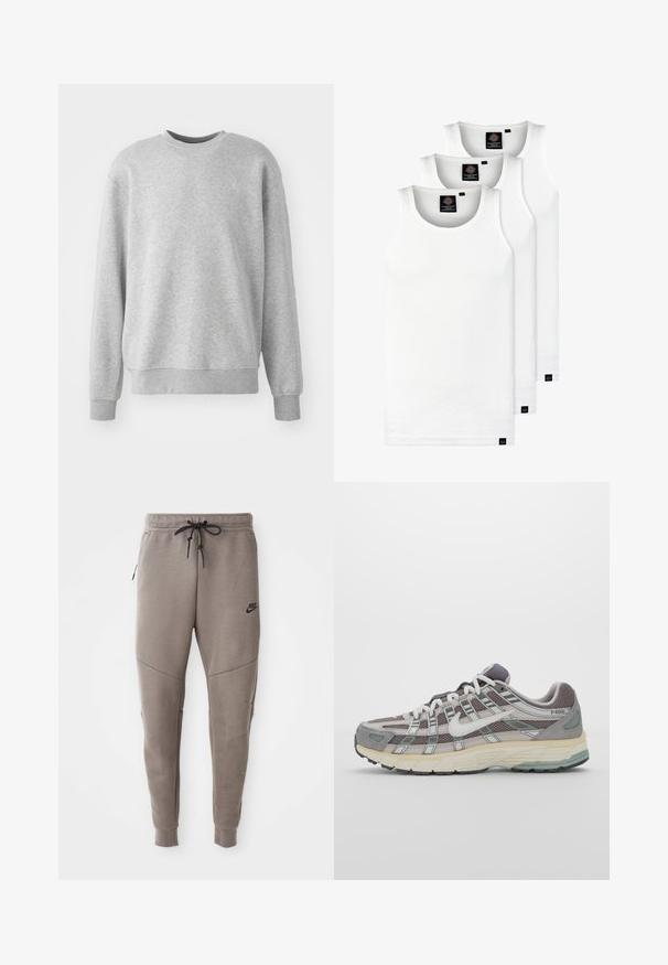 Szürke pulóver, puha anyagból készült, sakkkereszt nyakú, bordás mandzsettákkal és szegéllyel, az elején diszkrét logóval.; Három fehér csíkos pamut trikó. Felső része kerek nyakkivágású, és a szegély közelében kis fekete címkék találhatók. Több méretben elérhető.; Szürke Nike melegítőnadrág húzózsinórral a deréknál, keskeny lábakkal, oldalsó zsebekkel és jellegzetes varrás részletekkel. Puha, texturált anyag.; Szürke sportcipő, hálós és velúr felsőrésszel, fehér részletekkel, párnázott talppal és jellegzetes dizájnnal, amely visszaverő elemeket tartalmaz.