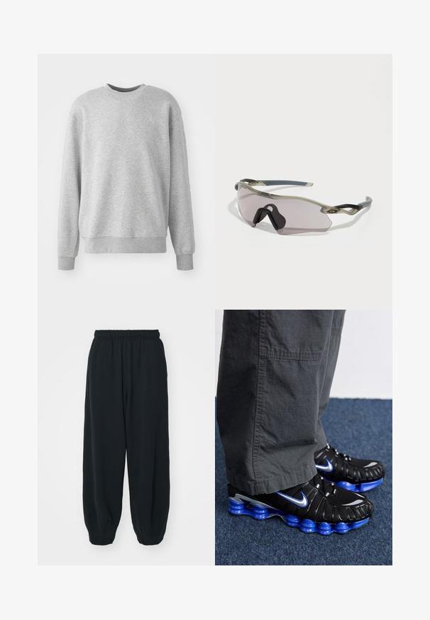 Sudadera gris hecha de una tela suave, con cuello redondo, puños y dobladillo acanalados, y un sutil logo en la parte delantera.; Pantalones de chándal negros con cintura elástica, de corte holgado, con puños en los tobillos, textura suave y sin patrones visibles ni acentos metálicos.; Zapatillas deportivas negras con acentos en azul y plata, que cuentan con una parte superior texturizada, un diseño de suela audaz y un sistema de lazado. Colocadas sobre una alfombra azul.; Gafas de sol con un marco gris translúcido, lentes tintados y diseño angular. Cuenta con una pieza nasal distintiva y patillas texturizadas en gris oscuro.