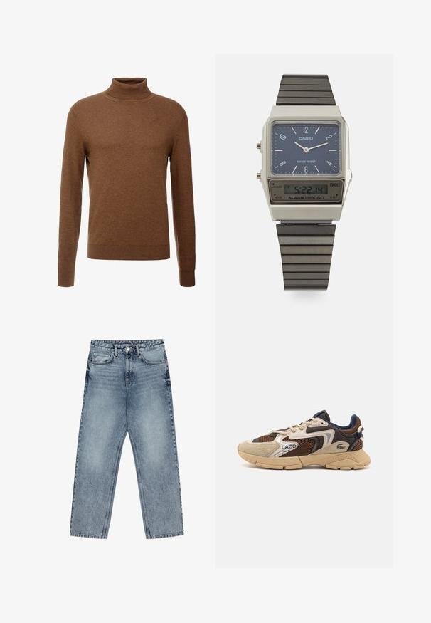 Brown turtleneck sweater made of soft fabric, featuring long sleeves, ribbed cuffs, and a fitted design with no visible patterns.; Light blue denim jeans with a straight leg cut, visible stitching, five pocket design, and a button closure at the waist.; Beige and brown sneaker with textured mesh panels, suede accents, and a rubber sole. Features lace-up design and branded detailing.; Casio digital watch with a blue dial, silver case, and layered black rubber strap. Displays time and alarm settings. Water resistant.