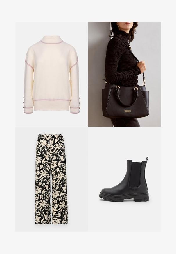 Sweater de cor creme, feito de material suave, com um pescoço alto, detalhes rosa ao longo das costuras e botões decorativos nas mangas.; Calças largas pretas com um padrão floral creme. Feitas de um tecido leve, apresentando uma textura suave e uma cintura alta.; Bota de tornozelo em couro preto com painéis laterais elásticos, bico arredondado e sola de borracha texturizada. Apresenta uma alça na parte traseira para fácil calçar.; Bolsa preta com superfície texturizada, alças superiores duplas e alça de ombro ajustável. Apresenta ferragens em tom dourado e bolsos laterais.