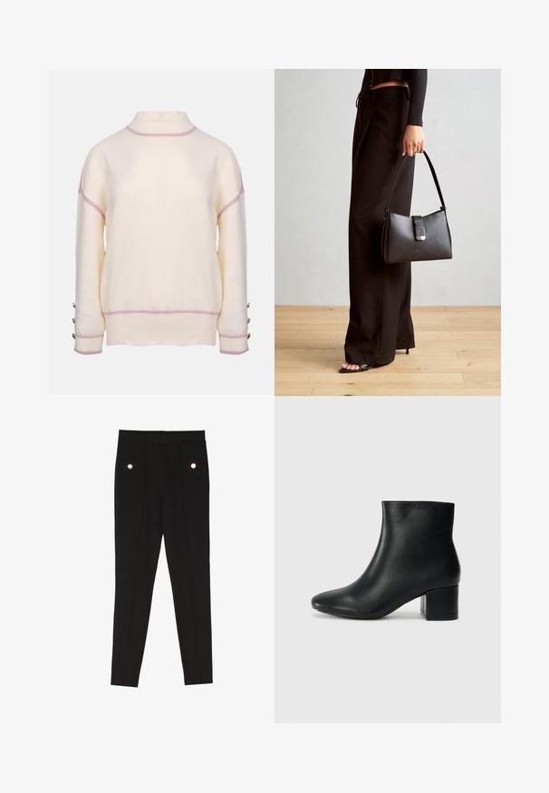 Svetlo kremast pulover iz mehkega materiala, s visokim ovratnikom, rožnatimi poudarki ob šivih in dekorativnimi gumbi na rokavih.; Črne krojene hlače z gladko teksturo, ki imajo dva sprednja žepa z dekorativnimi kovinskimi detajli in ožji kroj.; Črne usnjene gležnjarje s koničastim nosom in debelim peto. Gladka tekstura z minimalnimi detajli in eleganten, prilegajoč dizajn.; Črna torbica z strukturirano obliko, gladko teksturo in kovinskim zaponko. Ujemajo se z širokimi črnimi hlačami in odprtimi sandali na lesenem tleh.