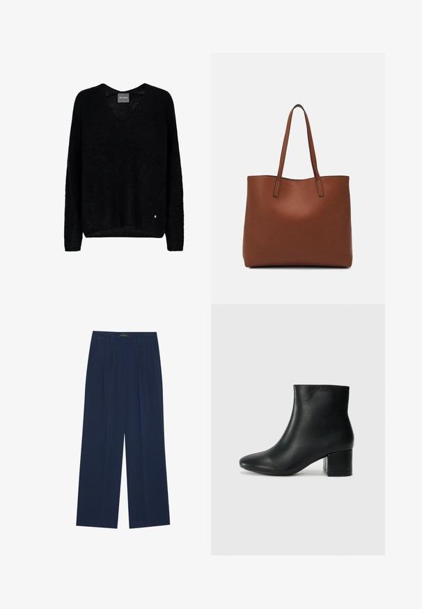 Zwarte oversized trui met een V-hals, lange mouwen, gemaakt van een textuurstof. Opvallend detail is een klein metalen logo-accent bij de zoom.; Navyblauwe wijde broek van gladde stof, met twee voorkleven en voorplooien, in een rechte snit en met een nette zoom.; Zwarte leren enkellaarzen met een spitse neus en een chunky hak. Gladde textuur met minimale accenten en een slank, strakk ontwerp.; Bruine leren tote bag met een gladde textuur, een ontwerp met een open bovenkant en twee schouderbanden. Kenmerkt zich door minimale stiksels en geen zichtbare hardware.