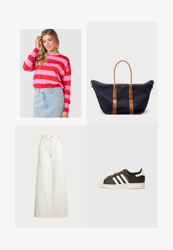 Röhrenpullover in Rot und Pink mit rundem Ausschnitt und lässiger Passform, kombiniert mit einem hellblauen Jeansrock. Weiches Strickmaterial.; Weite Jeans aus off-white Denim. Hoch tailliertes Design mit Knopfverschluss, zwei Fronttaschen und kontrastierenden Stickdetails.; Low-Top Adidas Superstar Sneaker aus dunkelbraunem Leder mit cremefarbener Schale an der Spitze, weißen Streifen und dem Schriftzug "Superstar" an der Seite.; Navyfarbener Baumwoll-Duffelbag mit hellbraunen Lederriemen, Reißverschluss und kleinen roten Logodetails auf der Vorderseite, der ein breites, geräumiges Design aufweist.