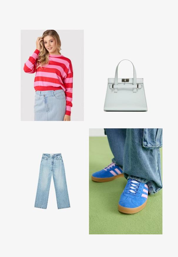 Sweter w czerwono-różowe paski z okrągłym dekoltem i luźnym krojem, zestawiony z jasnoniebieską spódnicą dżinsową. Miękki dzianinowy materiał.; Jasnoniebieskie jeansy z szerokimi nogawkami i wysokim stanem, z lekko wybledzonym wykończeniem i drobnymi, rozproszonymi przetarciami.; Niebieskie zamszowe buty z różowymi paskami i białymi sznurowadłami, z gumową podeszwą, zestawione z luźnymi dżinsami na zielonej powierzchni.; Jasnoniebieska torebka o strukturalnym designie, z dwoma uchwytami i zapięciem w srebrnym odcieniu. Teksturowany materiał i ostre krawędzie.