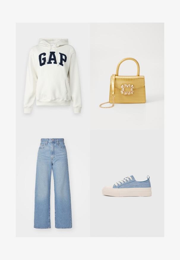 GAP HERITAGE - Bluză de molton - carls stone; Jeans cu talie înaltă, de culoare albastru deschis, cu croială largă, dotate cu nasture și fermoar la față, buzunare în față și spate, pe un fundal alb.; Sneakers din pânză de culoare albastru deschis, cu vârf și talon din cauciuc crem, având șireturi albe și un maner pe călcâi.; Geantă galbenă din faux-crocodil cu un design structurat, mână superioară, curea detașabilă cu lanț și embellisment decorativ cu cristale pe închidere.