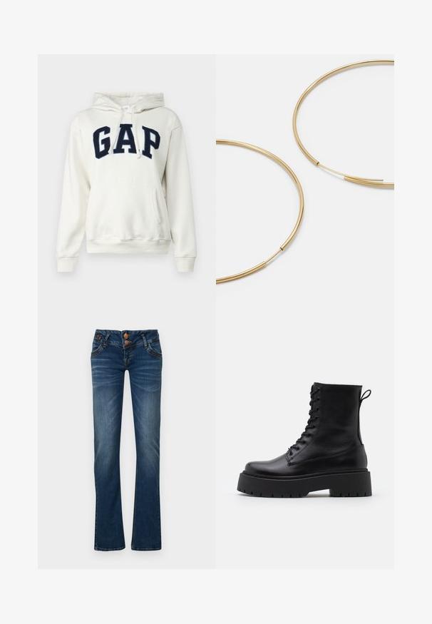 GAP HERITAGE - Sweatshirt - carls stone; Jean bleu évasé en denim. Doté d'une fermeture à deux boutons, de poches avant et d'un léger délavage. L'ourlet se termine par un détail de couture.; Bottines en cuir noir avec un bout rond, un laçage à l'avant et une épaisse semelle en caoutchouc dotée d'un motif texturé. Tirer au dos.; Boucles d'oreilles en forme de créole dorées, fines et rondes, avec une finition métallique lisse et sans embellissements ni motifs.