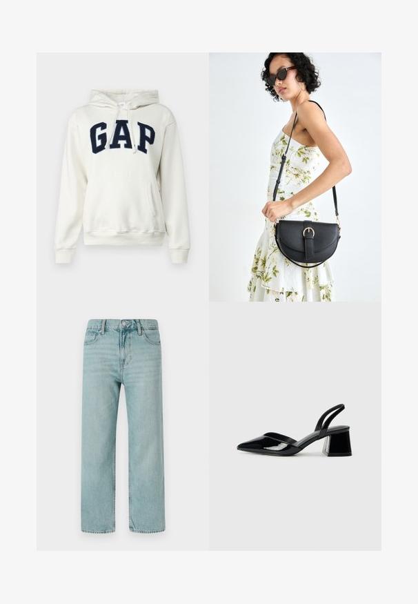 GAP HERITAGE - Sweatshirt - carls stone; Light blue wide-leg jeans made from denim, featuring a classic five-pocket design, clean lines, and a regular waistband with a button closure.; Black patent leather slingback heels with a pointed toe and a geometric block heel. Features a sleek, minimal design and smooth texture.; Black leather handbag with a curved shape, detachable strap, and gold hardware. The bag features a flap with a buckle detail.