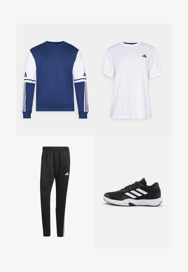 Sudadera azul con mangas blancas. Presenta tres rayas blancas a lo largo de las mangas y un cuello redondo. Está hecha de una tela suave y texturizada.; Camiseta atlética blanca de manga corta, hecha de una tela que absorbe la humedad. Presenta un logo negro en el lado izquierdo del pecho y un cuello interior con un diseño estampado.; Pantalones deportivos negros con una cinturilla elástica, rayas laterales blancas y un pequeño logo blanco en el muslo. Fabricados con un material suave y ligero.; Zapatillas deportivas negras con una parte superior de malla texturizada, rayas de acento blancas, suela acolchada y talón reforzado para mayor soporte.