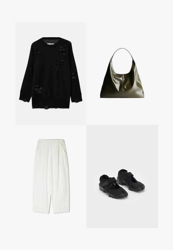 Czarny sweter z miękkiego materiału, z wieloma przetarciami, okrągłym dekoltem i długimi rękawami. Teksturowane wykończenie przy brzegach.; Luźne, białe spodnie do kolan wykonane z lekkiego materiału, z bocznymi kieszeniami i marszczonym elastycznym pasem.; Czarne buty wodne wykonane z elastycznego materiału z zapięciem na rzep, charakteryzujące się unikalnym podziałem palców oraz teksturowaną gumową podeszwą zapewniającą przyczepność.; Oliwkowa, skórzana torba na ramię o gładkim, błyszczącym wykończeniu. Posiada zaokrąglony wierzch i miękki, zwisający kształt. Minimalistyczny design.