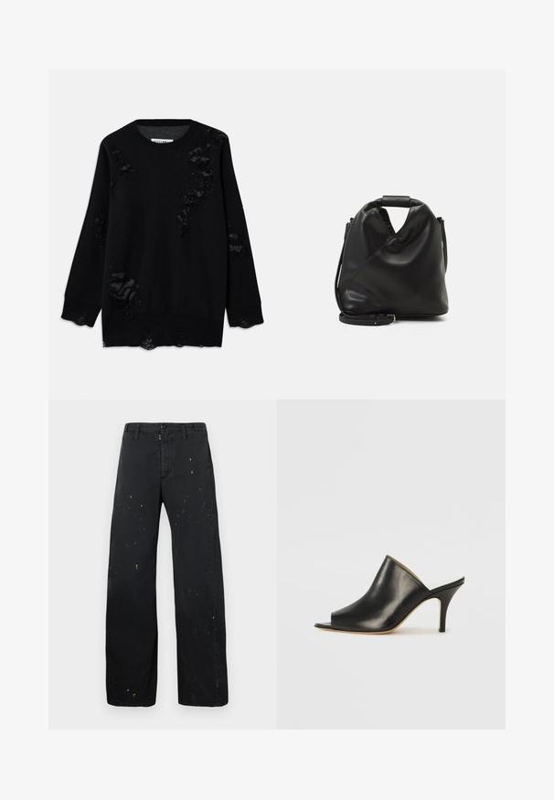 Black sweater made of soft fabric featuring multiple distressed areas, with a rounded neckline and long sleeves. Textured finish near the hems.; MM6 Maison Margiela PANTS - Relaxed fit jeans - black; Black leather open-toe mule with a sleek, curved design, high stiletto heel, and smooth texture. The interior features a contrasting light color.; Black, soft leather bag with a unique twisted design. Features a short handle and a detachable shoulder strap. Minimalist style.